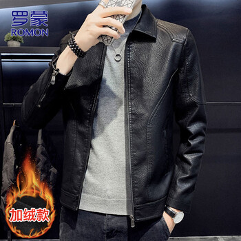 Romon leather men's jacket men's autumn and winter casual jacket men's versatile trendy top men's black velvet l