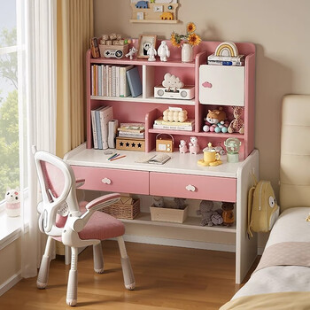Jiangyuefu solid wood core children's desk bookshelf integrated table primary school student study table bedroom writing table and chair set household lift recommended single table solid wood ecological board pink white 83cm assembly (self-installation and free tools)