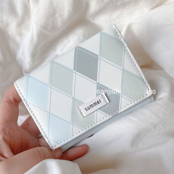 Oemg sea salt blue plaid wallet fresh style simple ins style korean multifunctional student wallet coin card holder all in one package blue and white rhombus