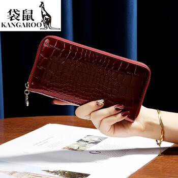 Kangaroo luxury (chi) fashion glossy crocodile pattern genuine leather long zipper wallet women's cowhide handbag to hold mobile phone, burgundy - made of glossy genuine leather, with genuine leather wrist