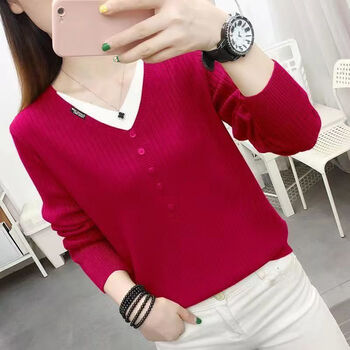 Ai feilin loose and slim v-neck sweater long-sleeved fake two-piece spring and autumn new style foreign style bottoming fat mm top for women red s 80-95