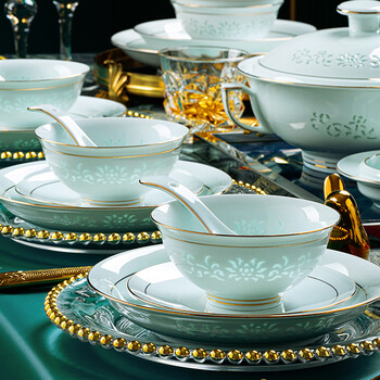 Jingdezhen celadon exquisite bowls and plates complete set of ceramic dishes and tableware household gold-rimmed bowls and chopsticks housewarming gift high temperature underglaze color | brocade box | 70-piece set