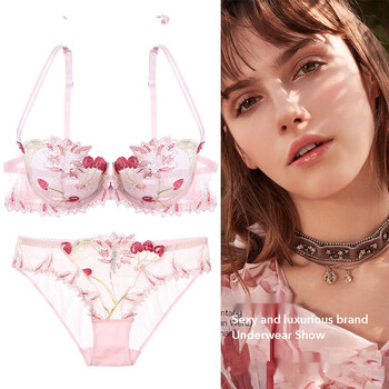 Victoria palace lace sexy bra thin small breast push up bra anti-sagging french sexy pure desire bra set pink set bra + panties m 75/34b with panties