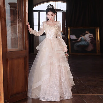 Flashing girl evening dress for women 2024 new high-end annual meeting host performance long-sleeved beautiful light luxury banquet champagne color one size m