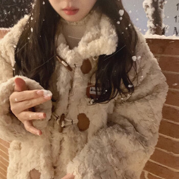 Style rabbit maillard dressing plus velvet thickened horn button plush lamb wool jacket women's winter warm fur sweet top apricot m