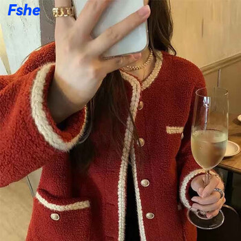 Fshe2025 spring and autumn small fragrance style jacket women's french high-level fur one-piece thickened granular velvet lamb velvet women's short style red xl_recommended 130-145 catties