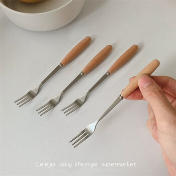 Fancychicins round wooden pillar fruit fork dessert fork cute wooden handle stainless steel fruit sign mooncake cake small fork ins round wooden pillar small fork about 16*1cm pack of four 98% customers' choice