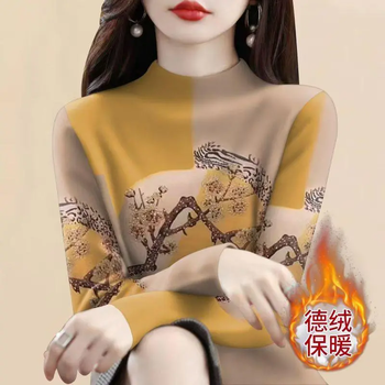 Mengrui jiade velvet half turtleneck bottoming shirt for women to wear autumn and winter new long-sleeved t-shirt slimming plus velvet warm top for outer wear 30010 yellow plus velvet and thickening) l recommended weight 95-110 pounds