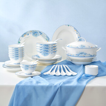 Huaguang chinese porcelain bowls, plates and tableware set, high-end bone china tableware gift box, housewarming gift, yunli fu, milky white, 48-piece set