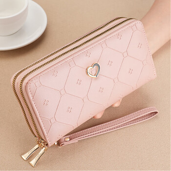 Moji ladies wallet long wallet double zipper clutch card holder integrated small coin purse large capacity id mobile phone bag ladies zipper wallet pink + double layer