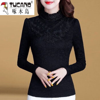 Woodpecker velvet bottoming shirt for women 2025 new velvet and thickened lace bottoming shirt for women long-sleeved large size autumn and winter high collar