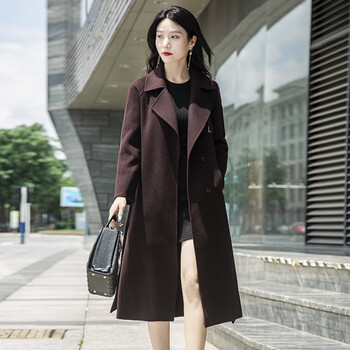Austrian temperament long full wool coat new women's waist double-sided woolen coat 21016 purple coffee m