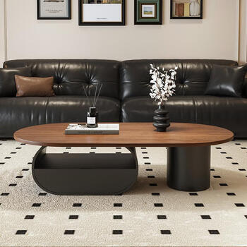 Longyueli mid-century style walnut oval coffee table living room light luxury high-end modern simple multi-functional high-end atmosphere black frame black cabinet 130 walnut color (cylindrical foot))