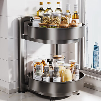 Benwang (bw) stainless steel kitchen rotating condiment storage rack multi-functional seasoning bottle storage rack countertop oil salt sauce vinegar storage box gun gray 360 rotation 28cm double layer
