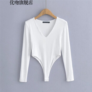 French youwen versatile v-neck jumpsuit for hot girls in spring and autumn, tight-fitting crotch-revealing spliced long-sleeved bottoming shirt top a white m