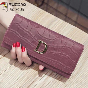 Woodpecker (tucano) 2025 new genuine leather crocodile pattern wallet women's long simple mobile phone wallet soft leather folding large capacity wallet crocodile pattern violet