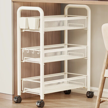 Julihui dormitory trolley storage rack small bookshelf under dormitory desk removable wheeled snack multi-layer sandwich storage cabinet 3 layers white - extra thick all steel - pulley + hook + hanging box