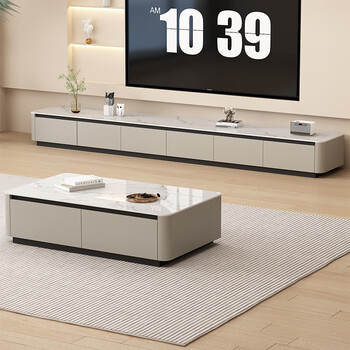 Termite solid wood painted tv cabinet floor-standing simple light luxury style slate tv cabinet coffee table combination cabinet living room storage cabinet 2.0 meter tv cabinet solid wood painted
