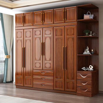 Luxujiangxin chinese solid wood wardrobe golden walnut four or five six door wardrobe with drawer top cabinet side cabinet bedroom furniture 8628 with center drawer six doors + top cabinet + drawer side cabinet golden walnut