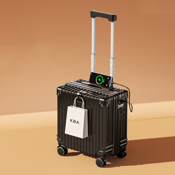 Kangaroo (kangaroo) small suitcase boarding case suitcase for women and men multifunctional trolley case aluminum frame thickened durable password box leather case black explosion-proof zipper model (charging + cup holder) 20 inches
