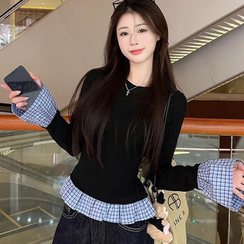Miao yijia fake two-piece black bottoming shirt for women, which can be worn outside, autumn and winter style top, slim fit, high-end and tight, round neck, blue plaid splicing bottoming shirt, black, one size fits all, recommended 80-110 pounds