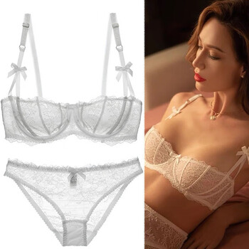 Victoria palace sexy bra set push-up sexy underwear women's thin cup lace half cup ultra-thin bra set white second generation ultra-thin 80b 36 /l underwear