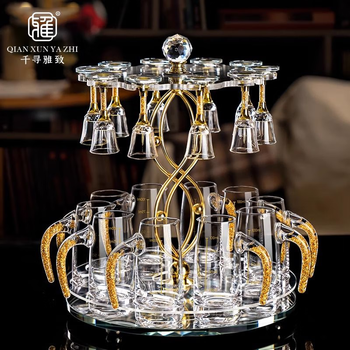 Qianxun yazhi light luxury high-end white wine glass set household crystal glass wine dispenser goblet cup wine cup wine set shelf gold foil moutai cup set 10 pots 10 cups