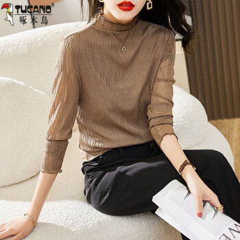 Woodpecker (tucano) gauze bottoming shirt for women 2025 spring, autumn and winter new slim and fashionable half-high collar long-sleeved t-shirt top 2022 brown 2024 m