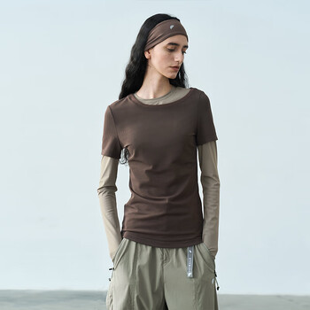 Half circle half circle original designer women's clothing sports 2025 spring fake two-piece slim long sleeve round neck t-shirt women's top brown s