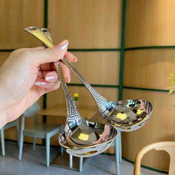 Ye yu german stainless steel desktop soup spoon colander hot pot porridge spoon large spoon german craftsmanship quality-stainless steel hammer pattern #extended thickened soup spoon + colander 2 pieces