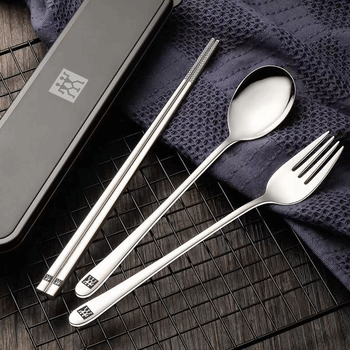 Zwilling portable tableware three-piece set stainless steel set storage box student chopsticks spoon fork 304 chopsticks spoon fork black box 3-piece set