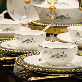 Red peony ceramic plate and bowl set household bone china tableware set bowls and chopsticks set new chinese dish set porcelain jiangshan picturesque 12 people (round) gift box 60 pieces