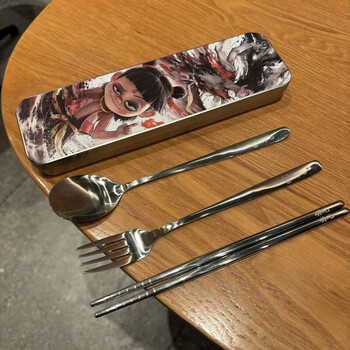 Mu xiao mo tong nezha ao guang portable tableware three-piece set household 304 stainless steel forks, spoons and chopsticks student set mo tong peripheral nezha box forks, spoons and chopsticks four-piece set