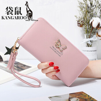 Kangaroo (kangaroo) fashionable and exquisite girls long wallet korean style high-end cute student long clip simple customized ladies clutch light pink