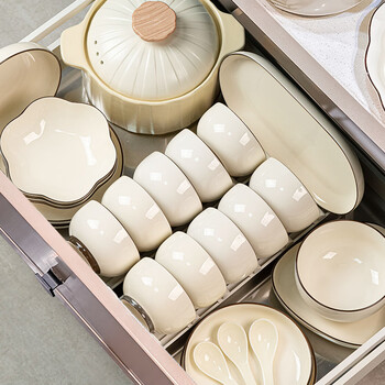 Aguduo bowl set for home jingdezhen high-end ceramic tableware bowls and plates complete set of bowls, chopsticks and plates as a housewarming gift jade white painted brown food for 4 people (soup bowl configuration) 24-piece set