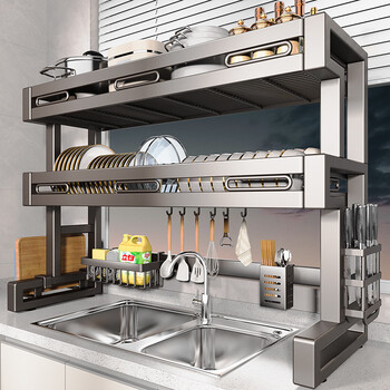 Benwang (bw) stainless steel kitchen sink rack drain bowl rack multi-functional dish storage rack kitchen utensil storage gun gray stainless steel double layer 86cm + fully equipped