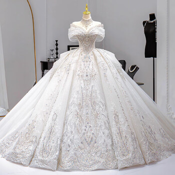 Wutuo large size wedding dress one-shoulder french dress 2024 new bridal texture big tail main yarn fugitive princess white floor-length wedding dress (comes with veil, gloves and bustle) xs about 80 pounds