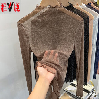 Yalu half turtleneck lace mesh bottoming shirt for women long-sleeved transparent thin gauze black bright gold silk inner top autumn and winter brown 2xl