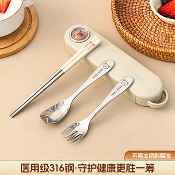 Worthbuy 316 stainless steel portable tableware student chopsticks spoon fork set anti-fall chopstick box portable children's tableware kapibara four-piece set-316 white chopsticks + fork spoon + box
