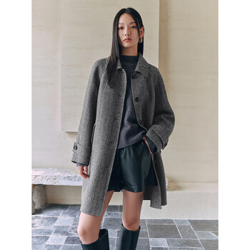 Peacebird women's woolen coat master zhenmao series fashion lapel double-sided woolen winter gray mid-length m