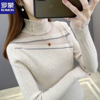Romon half turtleneck bottoming shirt for women lace sweater pullover 2025 autumn and winter new style slim fit inner knitted sweater outer top apricot s recommended 80-95 pounds