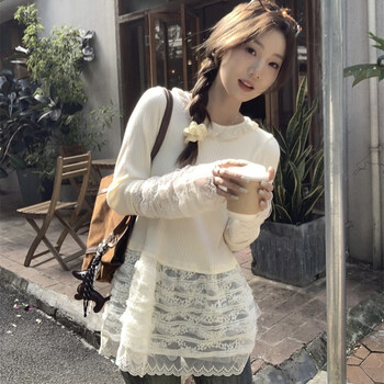 Jin shihui lace spliced bottoming shirt women's autumn and winter new style knitted sweater sweet girly long sleeve top wear outside spliced lace bottoming shirt apricot m