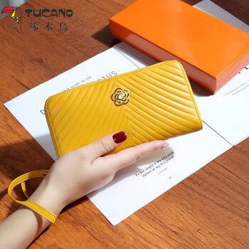 Woodpecker (tucano) pure cowhide long zipper wallet for women, versatile 2025 new genuine leather handbag, yellow fortune wallet to hold mobile phone, yellow - first layer cowhide (with wrist strap)