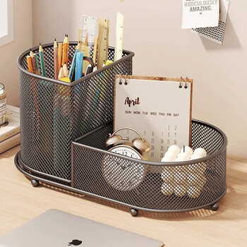 Julihui simple grid metal large capacity multifunctional pen box pen holder office desk storage box pen insert stationery business black
