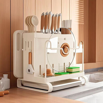 Muyou multifunctional kitchen chopstick cage integrated chopping board knife storage rack kitchen knife knife rack storage rack countertop cutting board rack light luxury white-dual use knife rack + towel rack