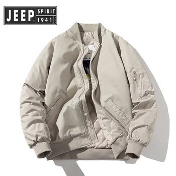 Jeep spirit japanese retro trendy brand loose bomber jacket for men and women couples spring, autumn and winter thin baseball cotton clothes gray (cotton added in winter) hoodless xl (recommended 120-140 pounds)