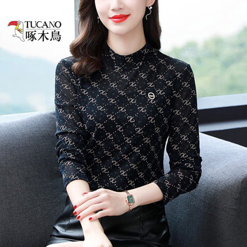 Woodpecker fashion bottoming shirt women's spring autumn winter 2025 new style long sleeve inner middle-aged small shirt autumn and winter women's black regular xl