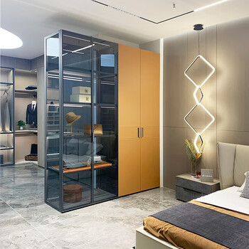 Feimei furniture high-end wardrobe leather door bedroom wardrobe combination aluminum frame glass door swing door home eige board sincerity customized gold sincerity customized gold