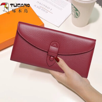 Woodpecker (tucano) soft cowhide long wallet thin simple women's 2025 korean version new lightweight large capacity genuine leather wallet for mobile phone burgundy