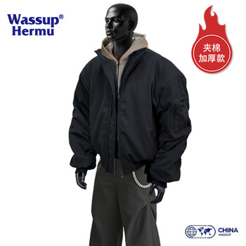 Wassup hermu official jacket men's autumn and winter cleanfit style short american flight jacket student stand collar cotton baseball uniform black (cotton style) l (recommended 120-135 pounds)